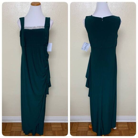R & M Richards Rhinestone Neckline Trim Drapes Ruffled Gown Size 8 Dark Green - Picture 2 of 11